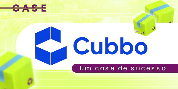 Banner digital destacando o case de sucesso da empresa Cubbo, com logo em azul e caixas representando logística e inovação.