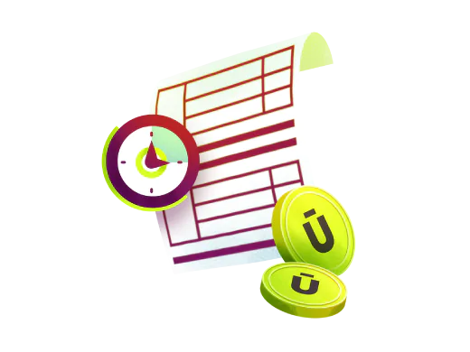 boleto_pagamento_rapido Ilustração de boleto com relógio e moedas, simbolizando pagamento rápido.